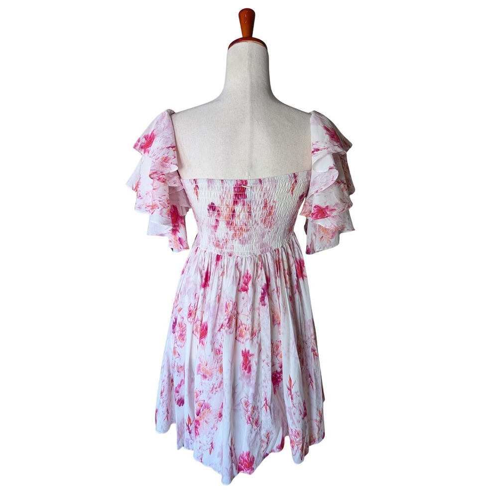MISA Los Angeles Dina Pink Floral Smocked Ruffle Mini Dress Womens Medium - Picture 5 of 9